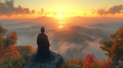 Obraz premium A serene figure meditates at sunrise, overlooking a misty landscape filled with autumn colors.