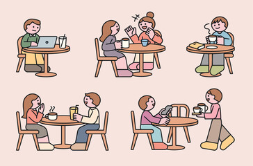 Many people meet friends at cafes, chat, go on dates, drink coffee, or work. Cuttiny character with outline.