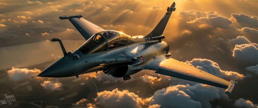 Dramatic sunset aerial view of a Rafale fighter jet soaring above the clouds; a powerful image perfect for military, aviation, and technology projects.