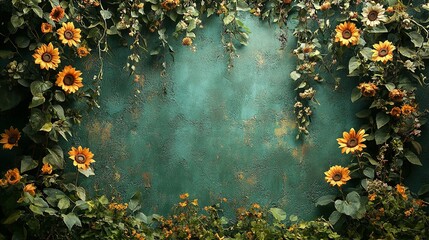 Sunflowers and Vines Frame a Teal Wall