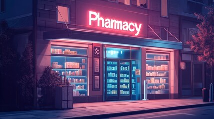 Fototapeta premium pharmacy storefront with a bright neon sign reading 