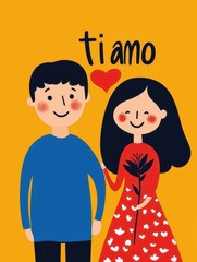 Fototapeta premium Playful cartoon-style illustration of a couple holding a flower with a heart symbol, 