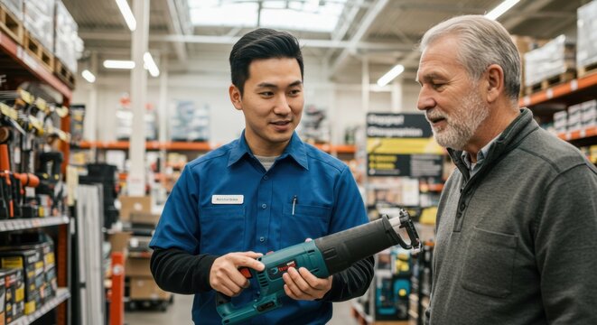 Salesperson assisting senior customer with power tool selection in hardware store