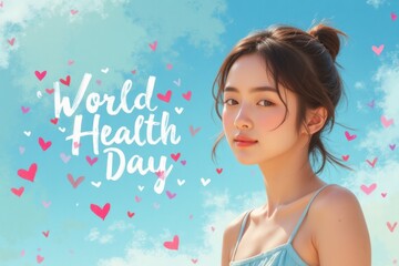 Young Woman Celebrating World Health Day with Heart Background