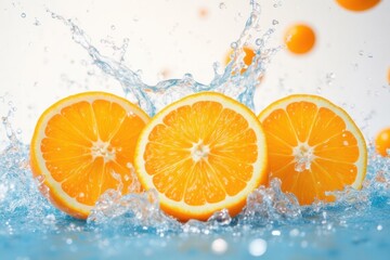 Fresh Orange Slices Splashing in Clear Blue Water with Juice Drops