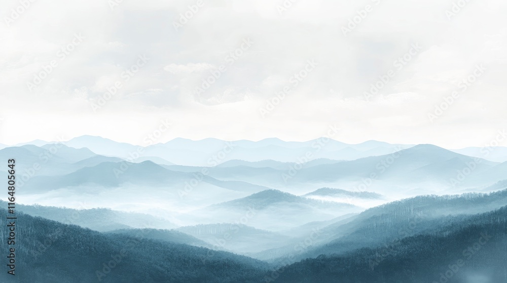 Poster overcast landscape with distant mountains shrouded in fog. the terrain should be barren, with a cool