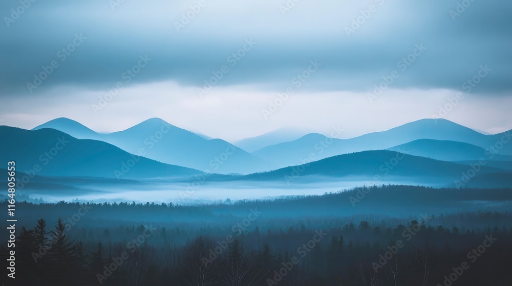 Poster overcast landscape with distant mountains shrouded in fog. the terrain should be barren, with a cool