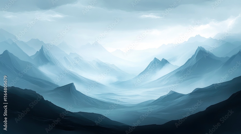 Poster overcast landscape with distant mountains shrouded in fog. the terrain should be barren, with a cool