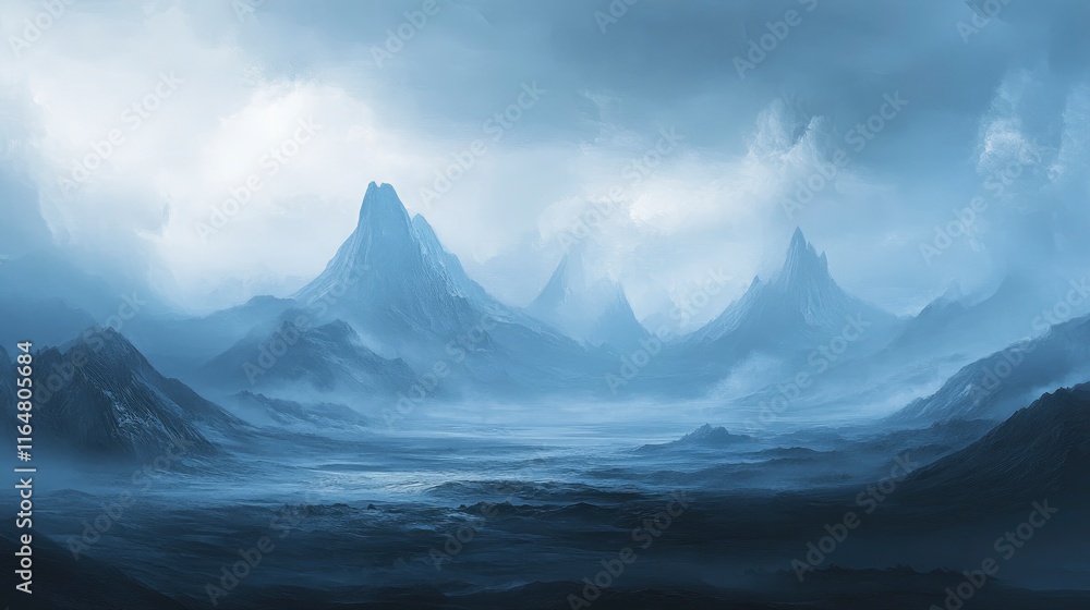 Poster overcast landscape with distant mountains shrouded in fog. the terrain should be barren, with a cool