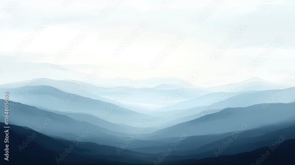 Poster overcast landscape with distant mountains shrouded in fog. the terrain should be barren, with a cool