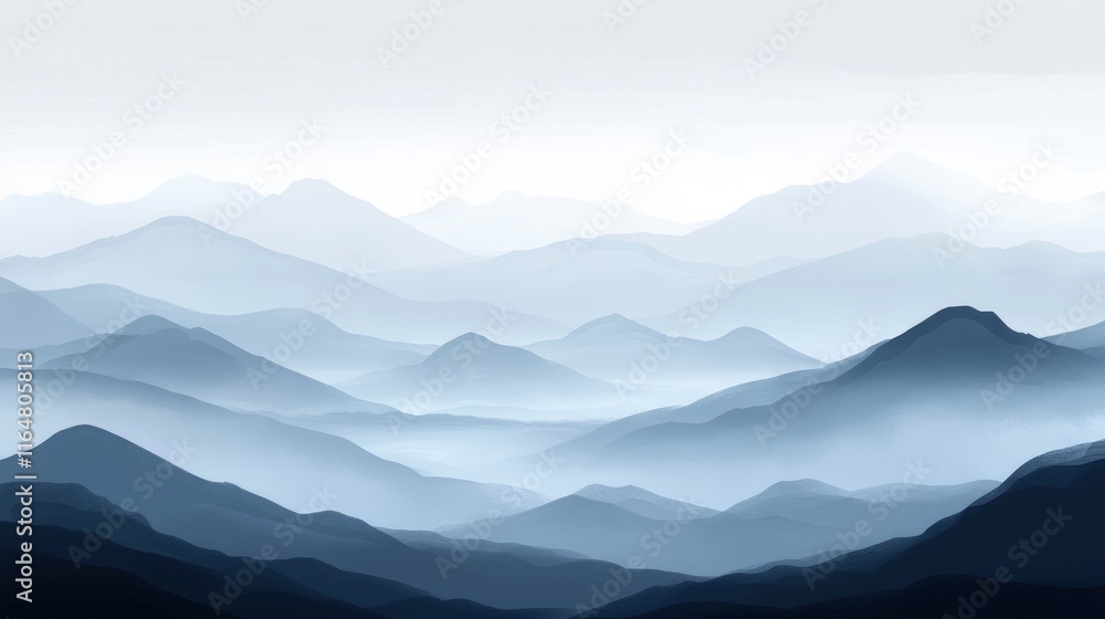 Poster overcast landscape with distant mountains shrouded in fog. the terrain should be barren, with a cool