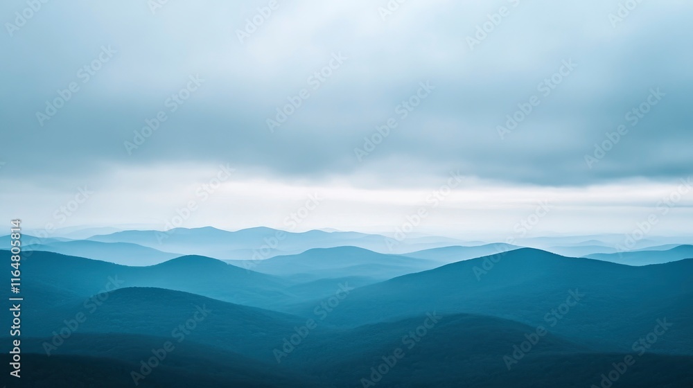 Poster overcast landscape with distant mountains shrouded in fog. the terrain should be barren, with a cool