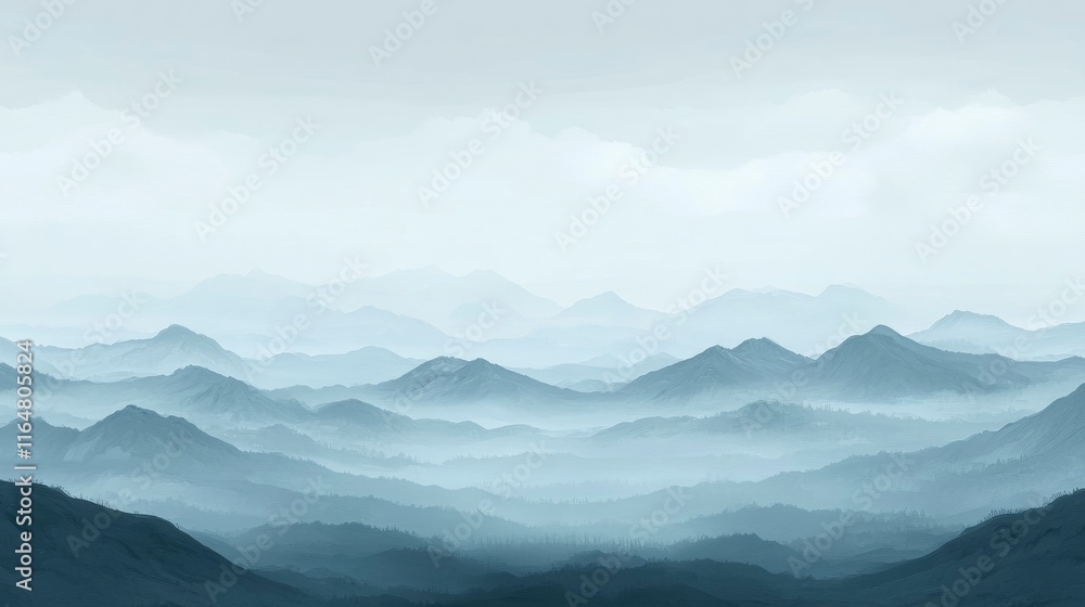 Poster overcast landscape with distant mountains shrouded in fog. the terrain should be barren, with a cool