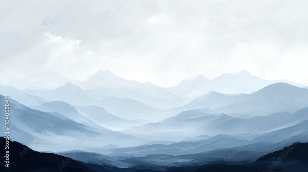 Poster overcast landscape with distant mountains shrouded in fog. the terrain should be barren, with a cool