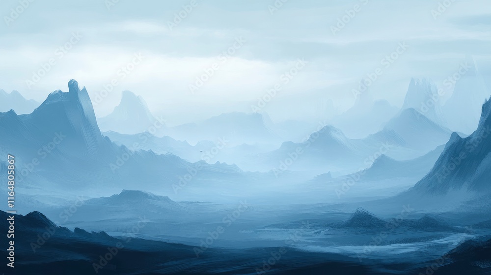 Poster overcast landscape with distant mountains shrouded in fog. the terrain should be barren, with a cool
