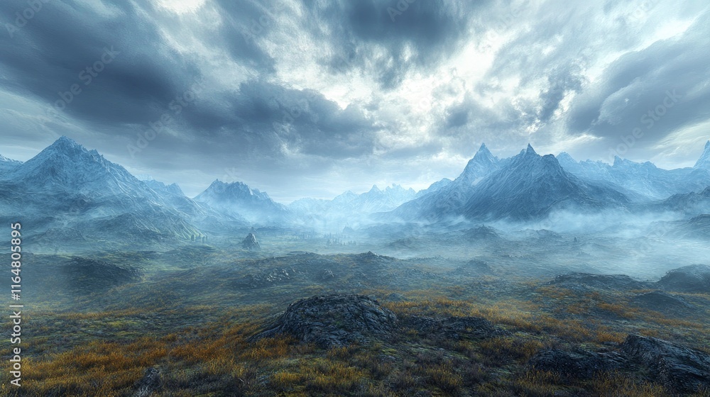 Poster overcast landscape with distant mountains shrouded in fog. the terrain should be barren, with a cool