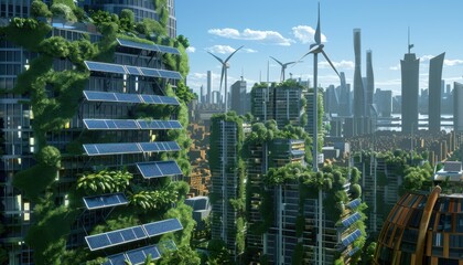 Obraz premium futuristic eco-friendly cityscape, with solar panels on rooftops, wind turbines in the background, lush green vertical gardens on skyscrapers,