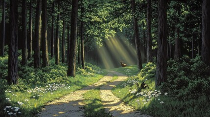Obraz premium A serene forest path illuminated by sunlight, inviting tranquility and nature's beauty.