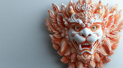 A stunning white lion head sculpture with delicate orange accents and intricate patterns. Set against a clean backdrop, it embodies grace and traditional artistry.