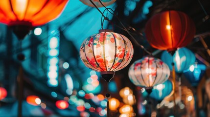 Obraz premium Illuminated lanterns hanging at night market.