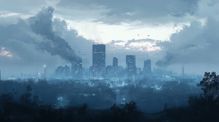 Naklejka premium scene of a city skyline under dark, heavy clouds and grey skies, symbolizing Blue Monday. The city should look quiet and distant, with soft blue and gray tones dominating the image.