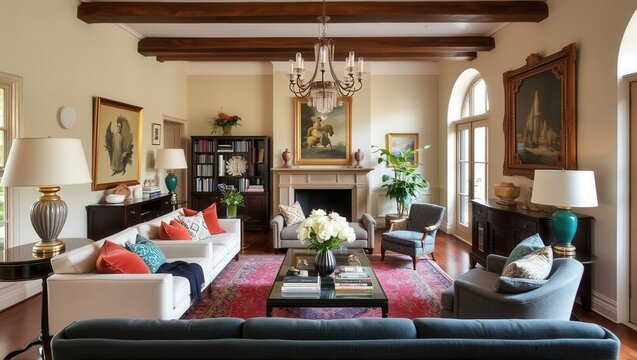 Elegant living room with classic furniture, vibrant cushions, a red patterned rug, framed art, and a crystal chandelier. Bright and welcoming interior. Generative, AI,