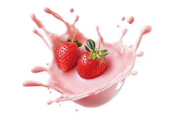 High-Quality PNG fresh strawberries in pink milk splash on white background