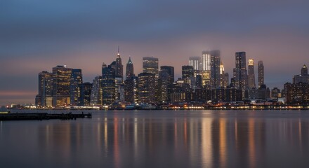 Obraz premium Nighttime skyline of manhattan reflecting over calm hudson river waters