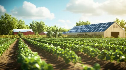 modern farm with rows of crops and solar panels positioned on the roof of a barn or farm building. The solar panels should be angled toward the sun.