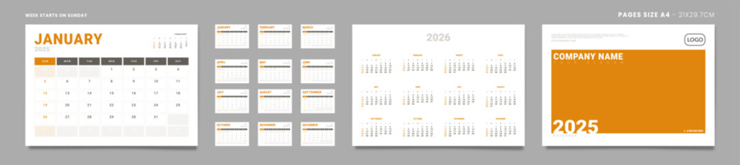 Obraz premium Set of 2025 Pages Monthly Calendar Planner Templates, Cover with Place for Photo, Company Logo, annual. Design of Vector Calendar Pages size Letter -8.5x11 in ready on print. Week start on Sunday