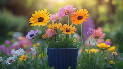 Fototapeta premium Colorful Osteospermum Flowers Blooming In A Blue Pot