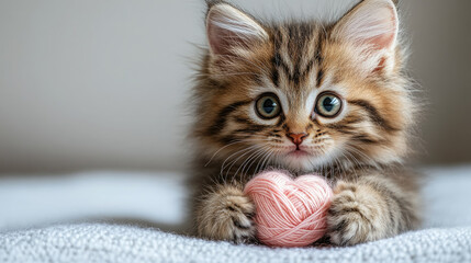 fluffy kitten playing with a ball of pink threads in the shape of a heart on a white background, funny cat, Valentine's Day card
