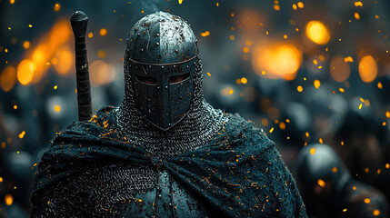 Teutonic Knight in Full Armor with Sword, Medieval Templar Warrior Standing in Battle Stance on Historic Battlefield in the Middle Ages, Dramatic Light and Historical Setting