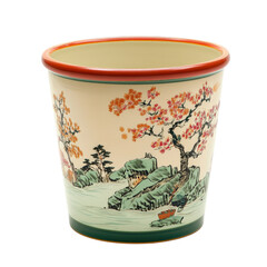 decorative flower pot featuring serene landscape with trees and mountains, perfect for adding touch of nature to any space
