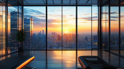 High-rise office interior with floor-to-ceiling windows overlooking the city skyline at sunset