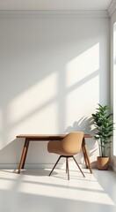 Wooden table and chair in a white room