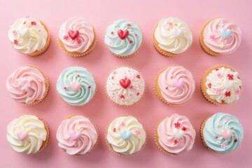 Colorful Cupcakes with Whipped Cream and Heart Decorations