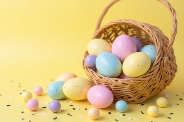 Naklejka premium Colorful Easter Eggs in a Woven Basket on a Bright Yellow Background