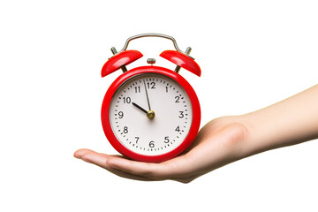 High-Quality PNG red alarm clock in hand on white background