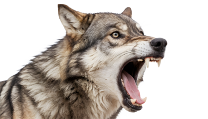 Angry Gray Wolf with Open Mouth, Ready for Action