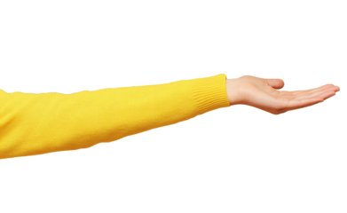 High-Quality PNG yellow sweater arm and open hand on transparent background