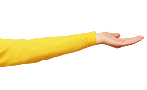 High-Quality PNG yellow sweater arm and open hand on transparent background