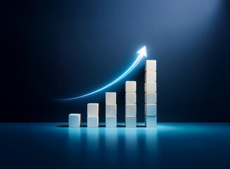 Illuminated blocks ascend in a dynamic upward trajectory, symbolizing growth and progress against a dark blue backdrop.  The glowing arrow emphasizes the positive trend.