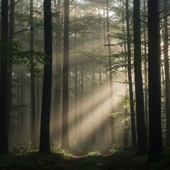 Obraz premium A misty forest with sunlight piercing through tall, dense trees. The atmosphere is calm and magical, perfect for introspective and serene scenes.