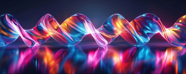 glowing DNA strand with neon colors, reflecting beautifully on a dark surface
