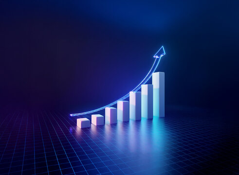 Glowing bar graph ascends with a vibrant arrow, symbolizing exponential growth and upward trend in a dark, futuristic setting.  The image evokes progress and success.