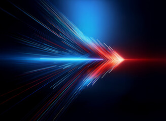Abstract image depicting a vibrant arrow formed by streaks of red and blue light, speeding across a dark background.  The colors suggest energy and motion.