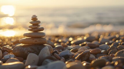 Obraz premium Stone pyramid on pebble beach with golden light of evening sun, AI generated image