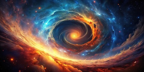Cosmic Vortex A swirling nebula of vibrant orange and blue hues, revealing a radiant core within a dark, star-filled expanse