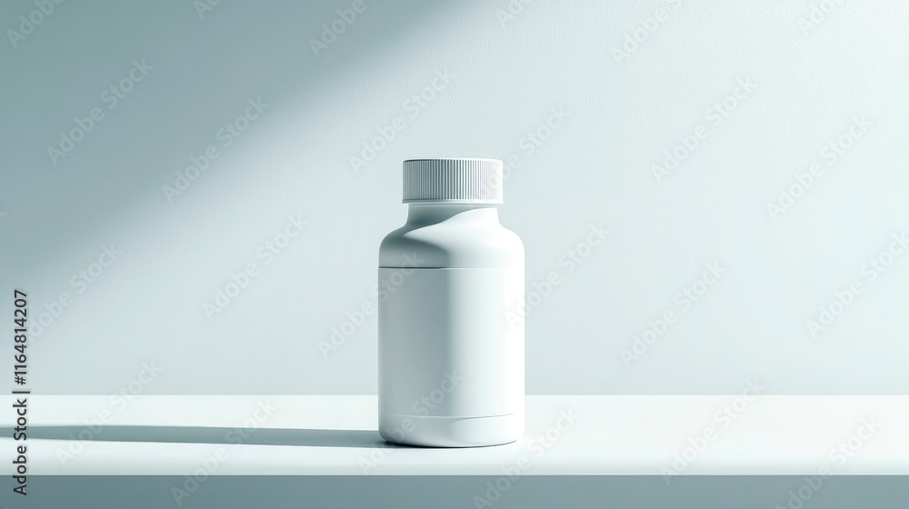Poster empty bottle with a simple, clear label placed on a clean, white surface.